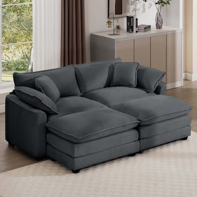 Grey Corduroy Modular Sleeper Sofa with 2 Ottomans, 4 Pillows