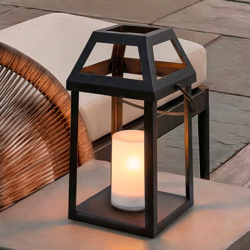 H13” Solar Outdoor Lantern with Flickering Candle Modern Metal Solar Lantern with Handle Hanging Light for Garden Deck - W7''