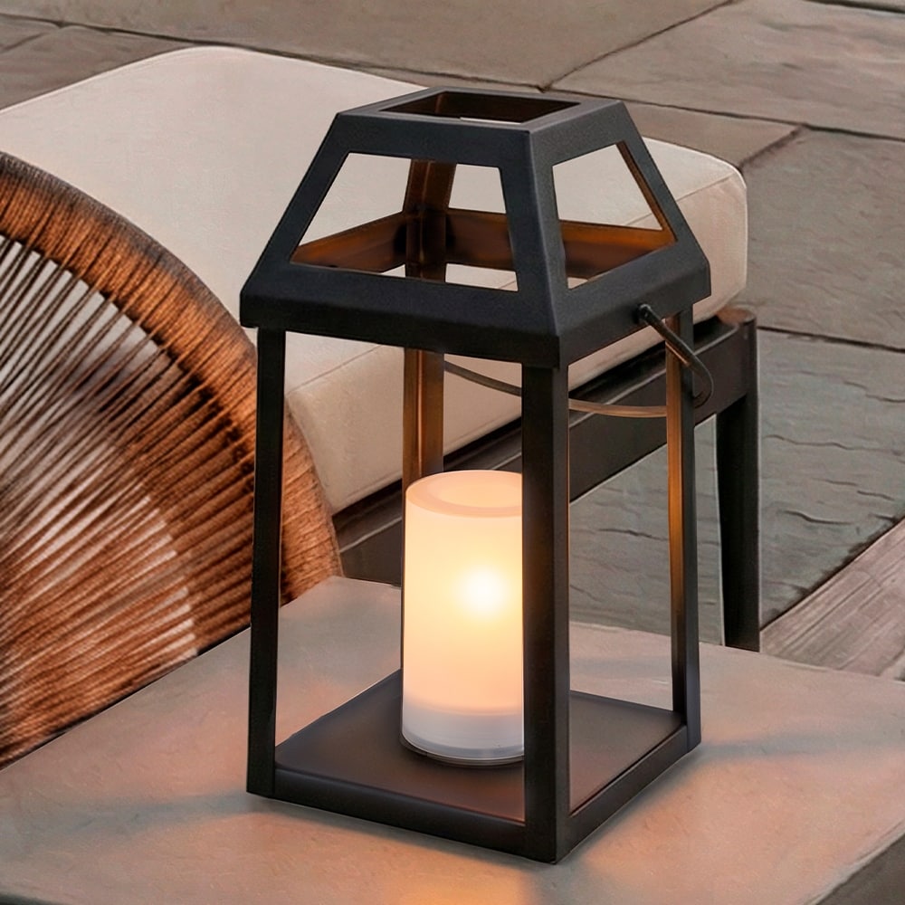 H13” Solar Outdoor Lantern with Flickering Candle Modern Metal