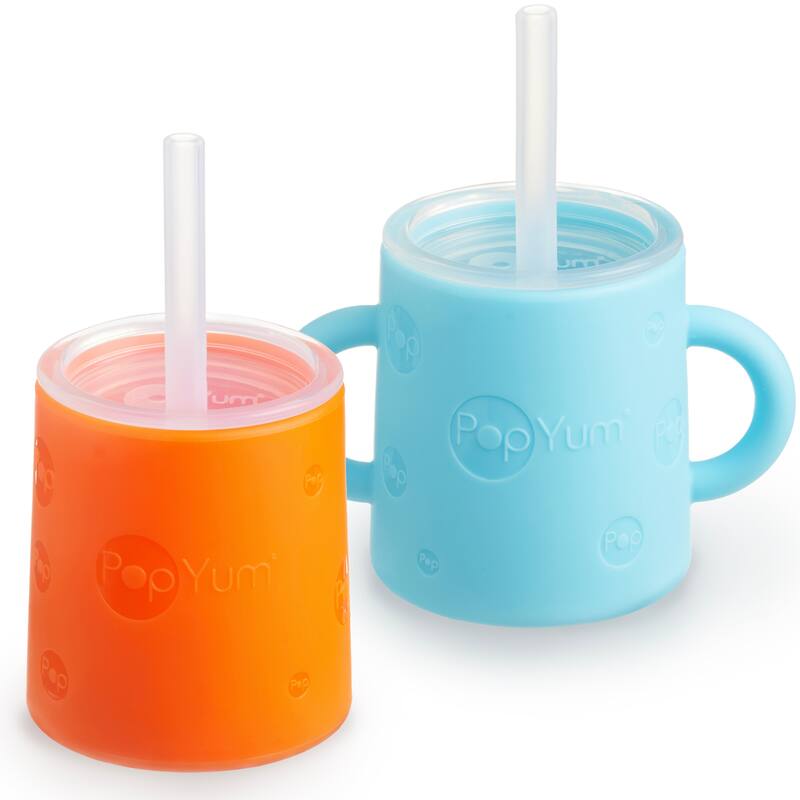 PopYum Silicone Training Cup with Straw and Lid, 2-Pack - Blue/Orange