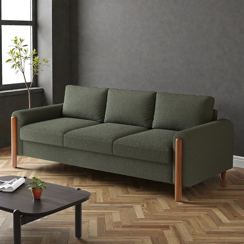 83.86 Inch 3-Seater Sofa with Curved Armrests, Teddy Velvet Upholstery, Solid Wood Legs, High Weight Capacity - Green