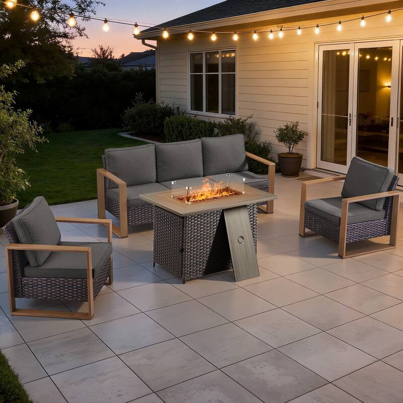 Meyreso Wicker Patio Conversation Set with Fire Pit Table & Olefin Cushions - Brown / Gray Cushions - 4-Piece