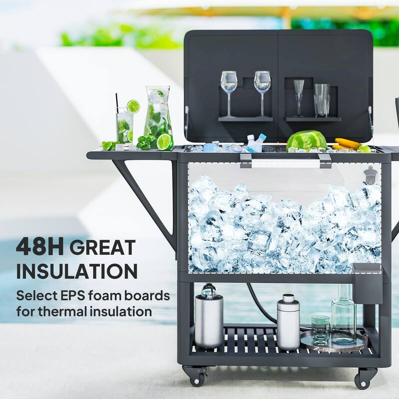 Patio Cooler Cart with Swivel Casters, Folding Lid, Bottle Opener, Towel Rack, Foldable Side Tables - 37" L x 22" W x 33.9" H