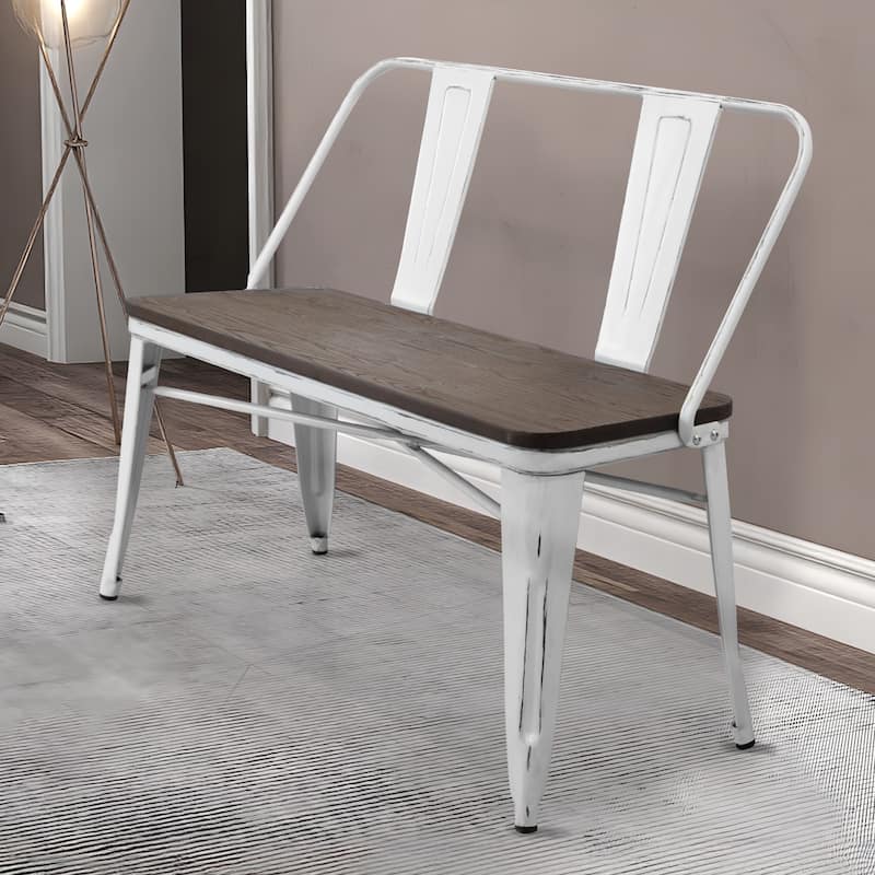 EROMMY Farmhouse-Inspired Dining Bench with Back, Industrial Metal Bench for Entryway, Wooden Seat, Accommodates 3 People,White