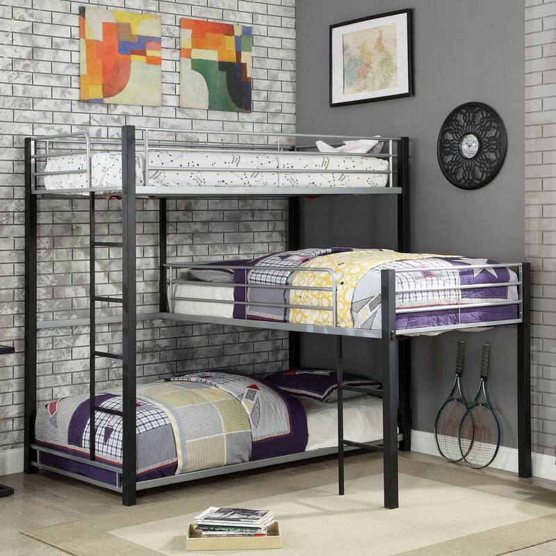 Contemporary Metal Triple Tier Bunk Bed with Corner Design and Guard Rails, Sand Black Finish