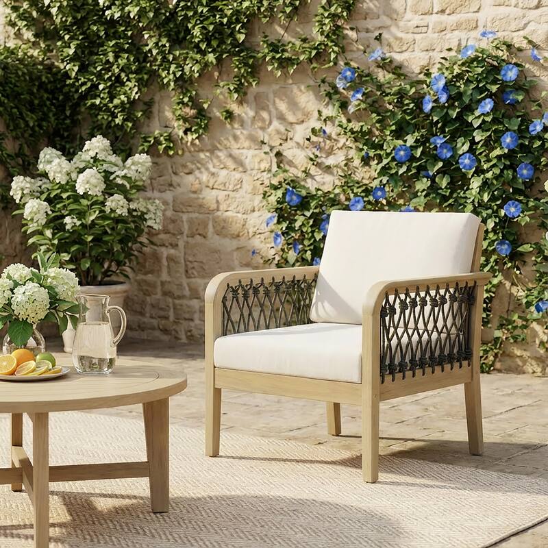 Christopher Knight Home - Outdoor Patio 28.94" Acacia Wood Club Chair with Handwoven Rope Panels and Cushions - 1-piece - Cream,Dark Gray,Light Teak finish