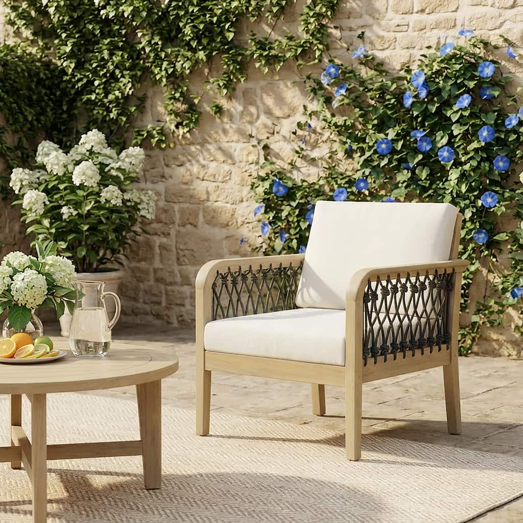 Christopher Knight Home - Outdoor Patio 28.94" Acacia Wood Club Chair with Handwoven Rope Panels and Cushions