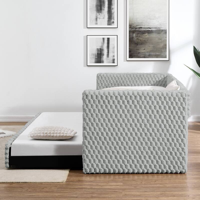 Corduroy Fabric Daybed Twin Size Upholstered Panel Frame Sofa Bed with Pull-out Trundle Bed, Low-Profile Platform Day Bed