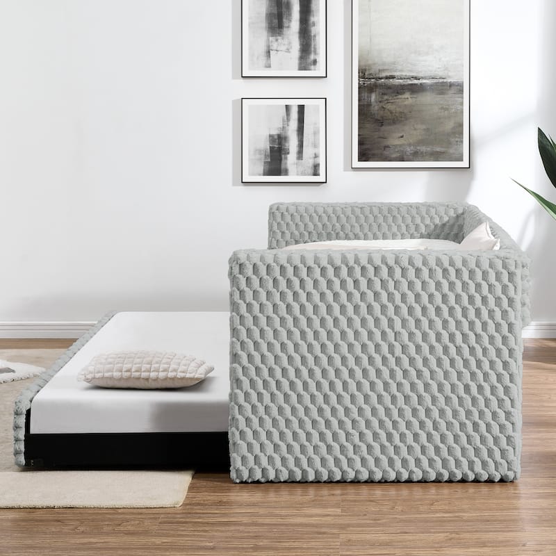 Twin Size Convertible Daybed with Plaid Corduroy Upholstered Sofa Bed Pull-Out Trundle (Space-Saving Design)