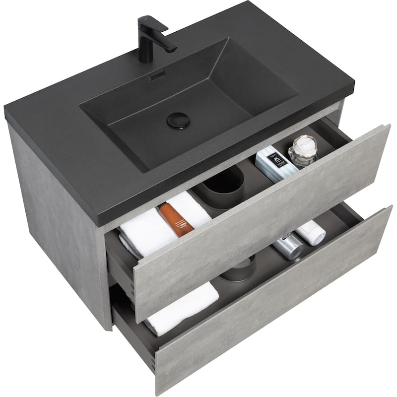 Grey Wall-Mounted Bath Vanity, Quartz Top,Sink and Soft Close Drawers