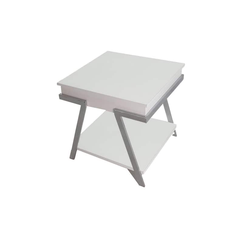 26 in. White and Chrome Rectangle Metal End Table with Angled Legs