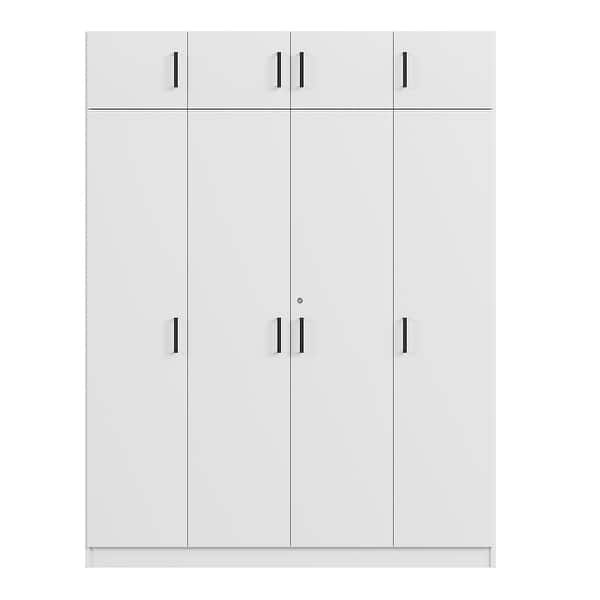 slide 2 of 20, Large Floor Organizer with 4-Door Wardrobe with Drawer and Top Cabinet White