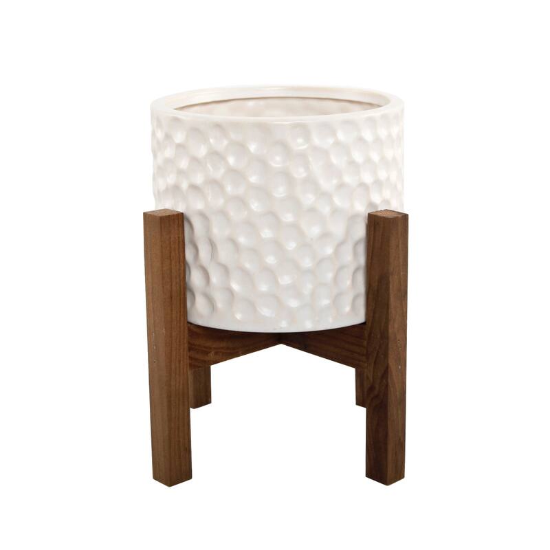 Mid-Century 5.5" Beehive Ceramic Planter on Wood Stand,Cream - White