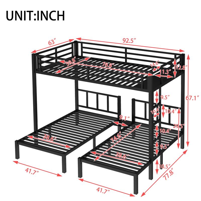 GDFStudio - Bellamy Metal Triple Bunk Bed with Safety Guardrails and Space-Saving Design
