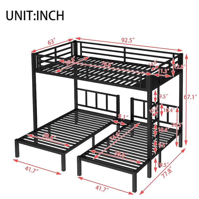Metal Triple Bunk Bed, Twin Over Twin & Queen, Convertible to 3 Beds with Safety Rails, Ladder, and Shelf