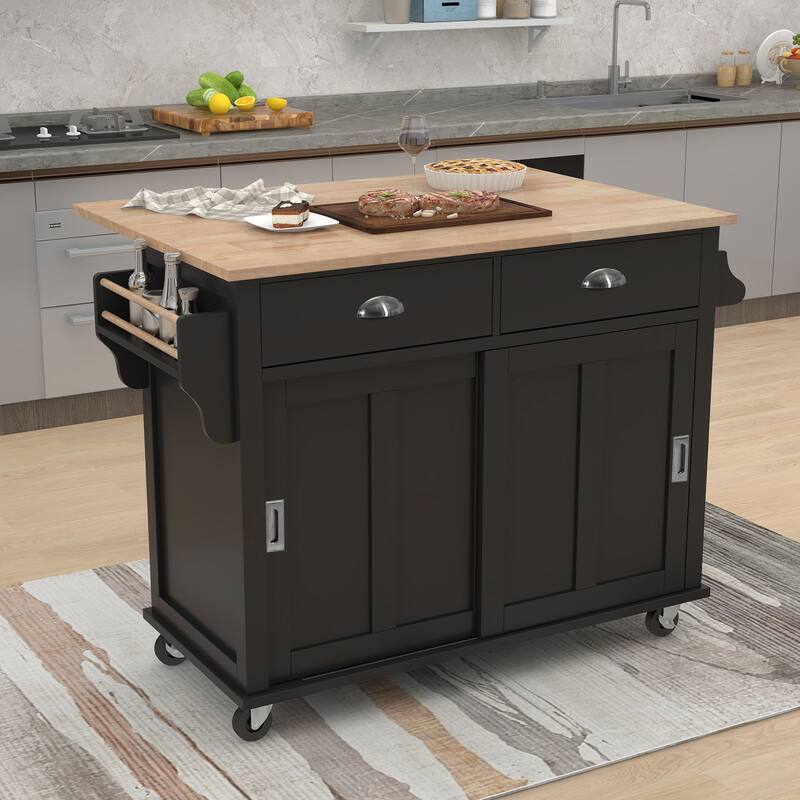 Rolling Kitchen Island with Drop-Leaf Countertop, Adjustable Shelves, 2 Drawers & Sliding Barn Door - Mint Green