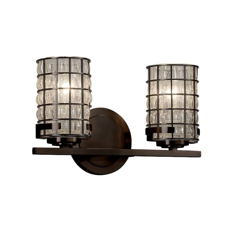 Justice Design Wire Glass Atlas 2-light Dark Bronze Bath Bar, Grid with Clear Bubbles Cylinder - Flat Rim Shade