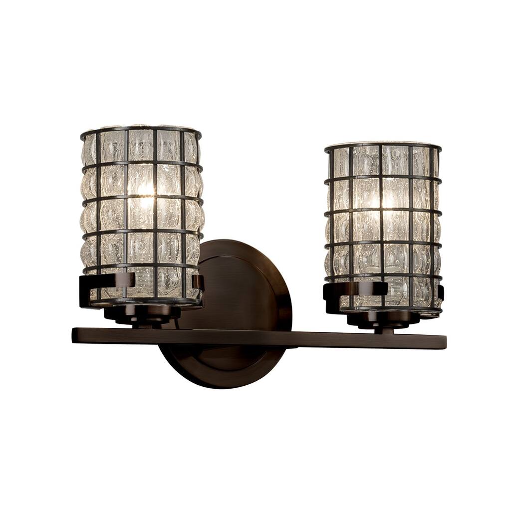 Justice Design Wire Glass Atlas 2-light Dark Bronze Bath Bar, Grid with Clear Bubbles Cylinder - Flat Rim Shade