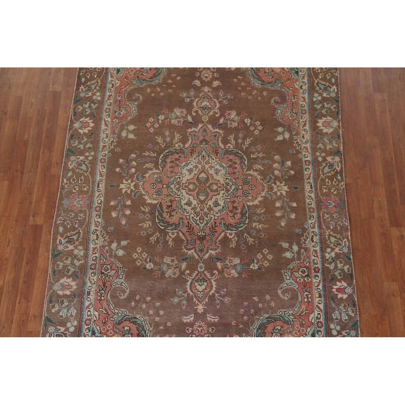Hand Knotted Oriental 100% Wool Carpet Traditional Floral Brown Tabriz Area Rug - 9' 4'' X 5' 11''