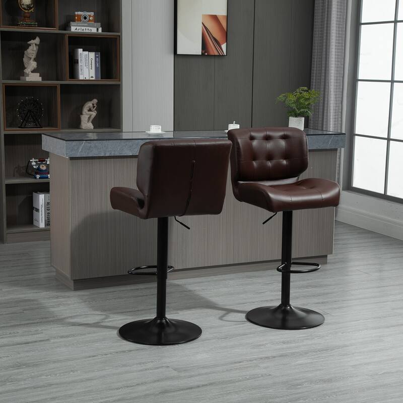 HOMCOM Set of 2 Bar Height Chairs with Adjustable Seat Height, Thick Padded Cushion and Metal Footrest for Home Bar - Set of 2 - Brown - Adjustable