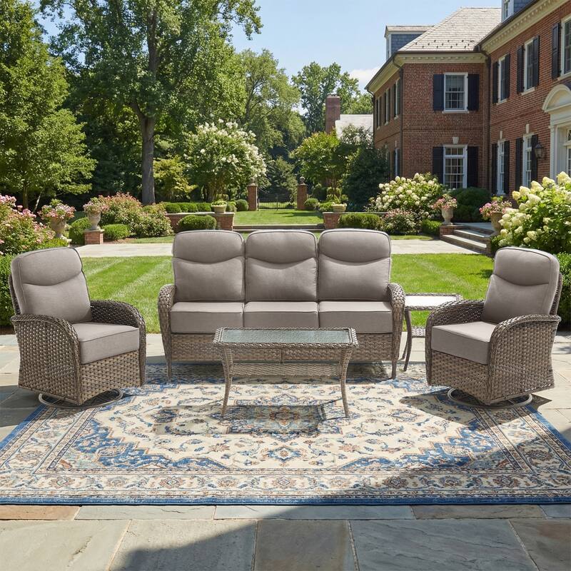 Pocassy Outdoor Wicker Patio Sofa with Swivel Chair and Coffee Table - Brown Wicker Gray Cushion - 5-Piece Sofa Swivel Chair with Table