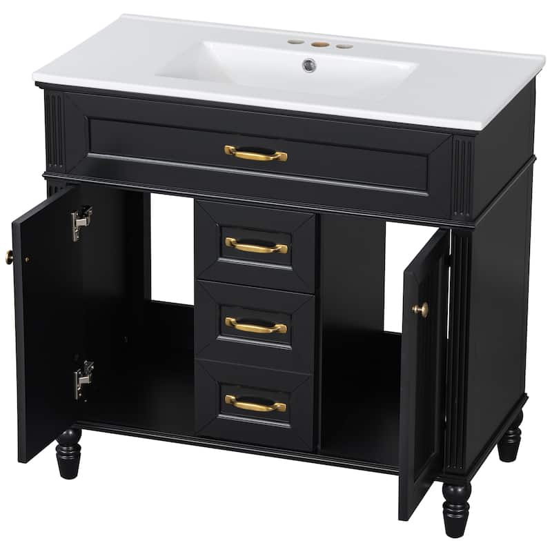 GDF Studio - Sunny Modern Solid Wood + MDF 36-Inch Bathroom Vanity with Ceramic Sink and Flip-Out Drawer