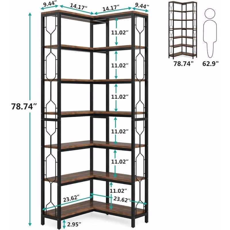 78.7" Tall 7-Tier Industrial Bookshelf - Display & Corner Shelf