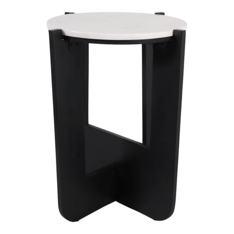 Marble Wood Accent Table Round Top Frame Modern - 20" White Black - 16" x 16" x 19.75"