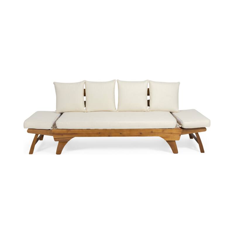 Expandable Daybed with Cushions, Outdoor Couch Acacia Wood Patio Couch with Adjustable Armrests