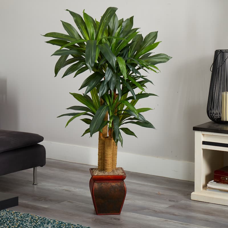 Silk Dracaena Plant 4.5Ft Tall, Cornstalk Indoor Tree with Vase, Realistic Green Home Decor - 4.5ft.