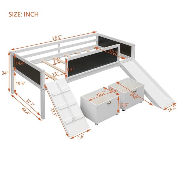 dimension image slide 1 of 4, Twin Size Wood Loft Bed with Two Storage Boxes and Chalkboard