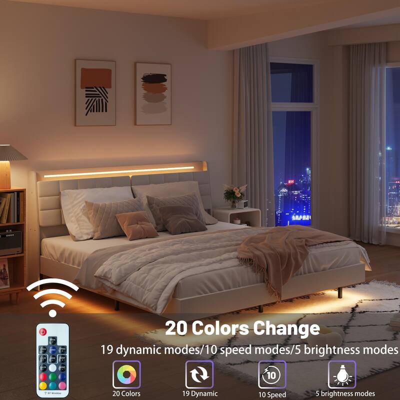 Modern Queen Size Floating Bed Frame with RGB LED Lights, Charging Ports, and Hidden Storage