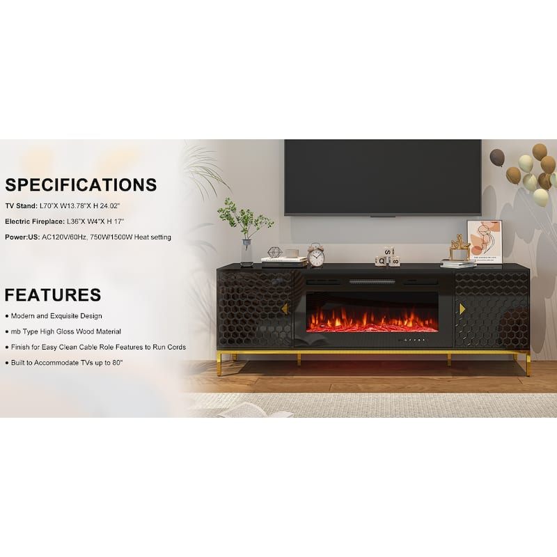 70" Wood Fireplace TV Stand with 36" Electric Fireplace