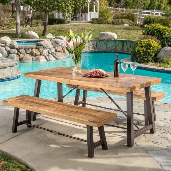 slide 10 of 10, Puerto Acacia Wood 3-piece Picnic Dining Set by Christopher Knight Home Brown - 3-Piece Sets