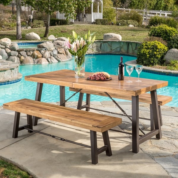 slide 2 of 10, Puerto Acacia Wood 3-piece Picnic Dining Set by Christopher Knight Home Brown