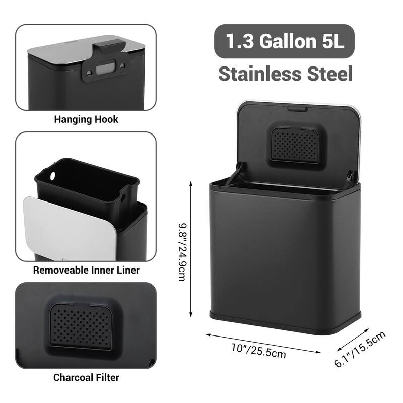 1.3-Gallon / 5 L Stainless Steel Trash Can with Charcoal Filter Lid and Hanging Hook Brown