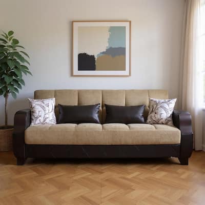 HomeRoots 89" Brown Microfiber And Faux Leather Convertible Futon Sleeper Sofa And Toss Pillows With Storage
