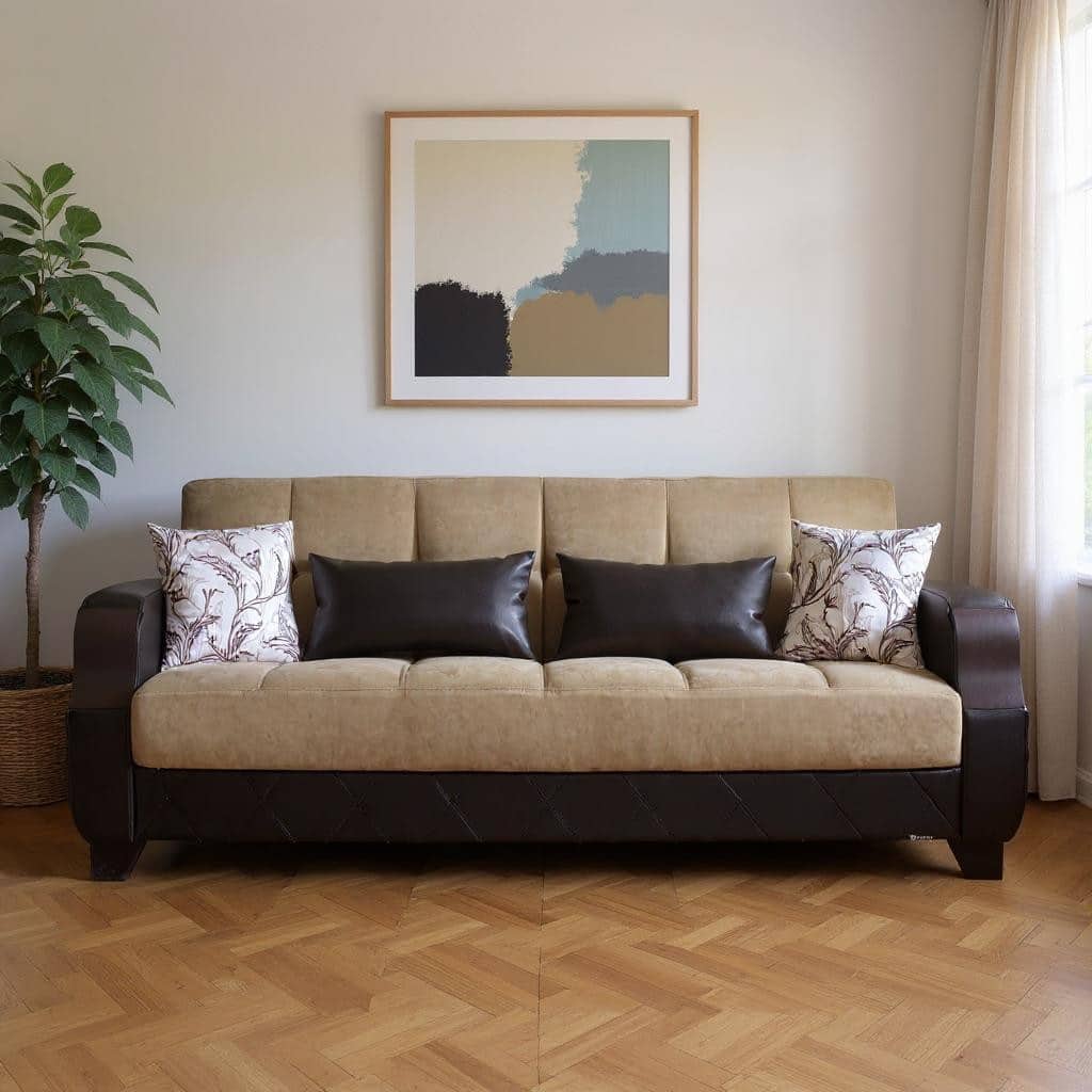 HomeRoots 89" Brown Microfiber And Faux Leather Convertible Futon Sleeper Sofa And Toss Pillows With Storage