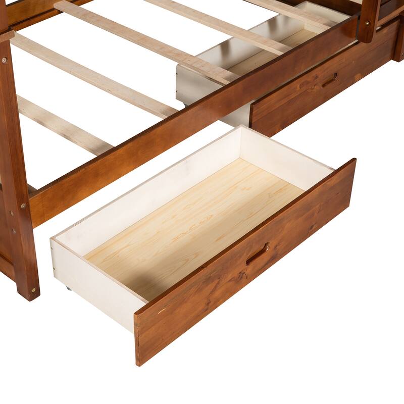 Twin-Over-Twin Bunk Bed with Ladders and Two Storage Drawers in Walnut Finish