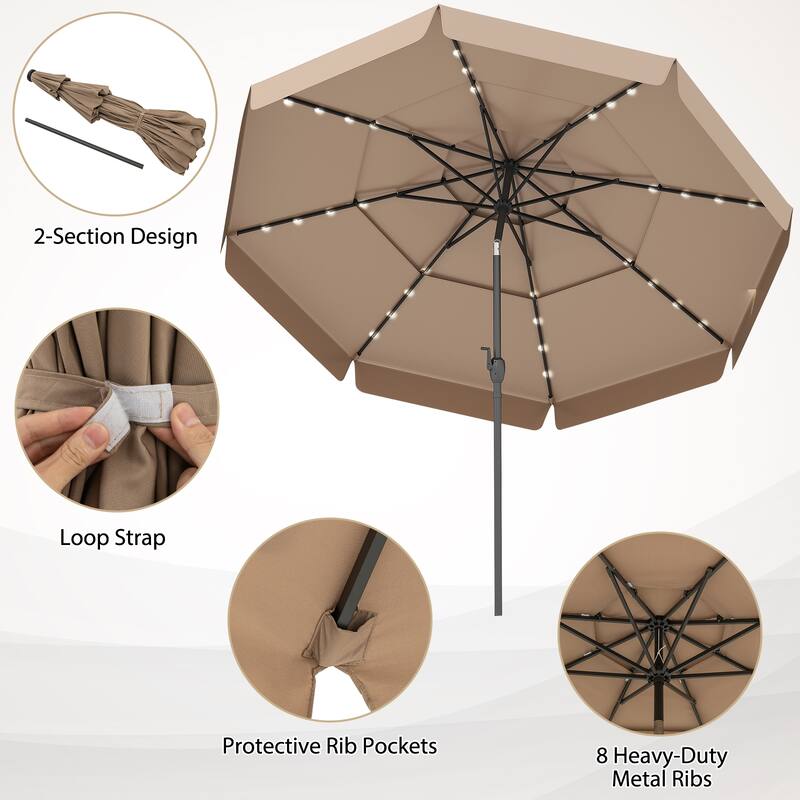 10FT Polyester Patio Umbrella with Solar Lights and Tilt Crank 3-Tier Vented Shade for Backyard