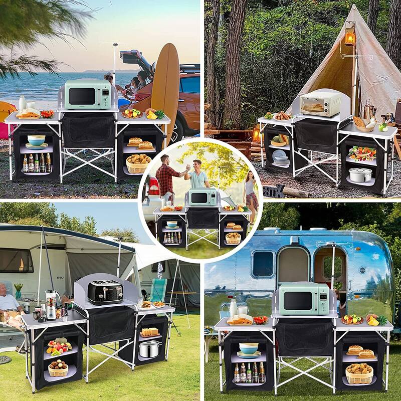 Folding Kitchen Camping Table, Portable and Aluminum Cooking Station Outdoor Table w/Storage and Light Stand