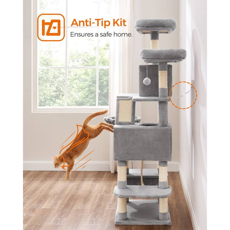 Cat Tree, 66.1-Inch Large Cat Tower with 13 Scratching Posts, 2 Perches, 2 Caves, Basket, Hammock, Pompoms