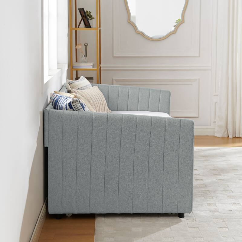 Twin/Full Size Daybed with Trundle, Upholstered Sofa Bed with Vertical Stripes, Linen Fabric, Comfortable Seating for Bedroom