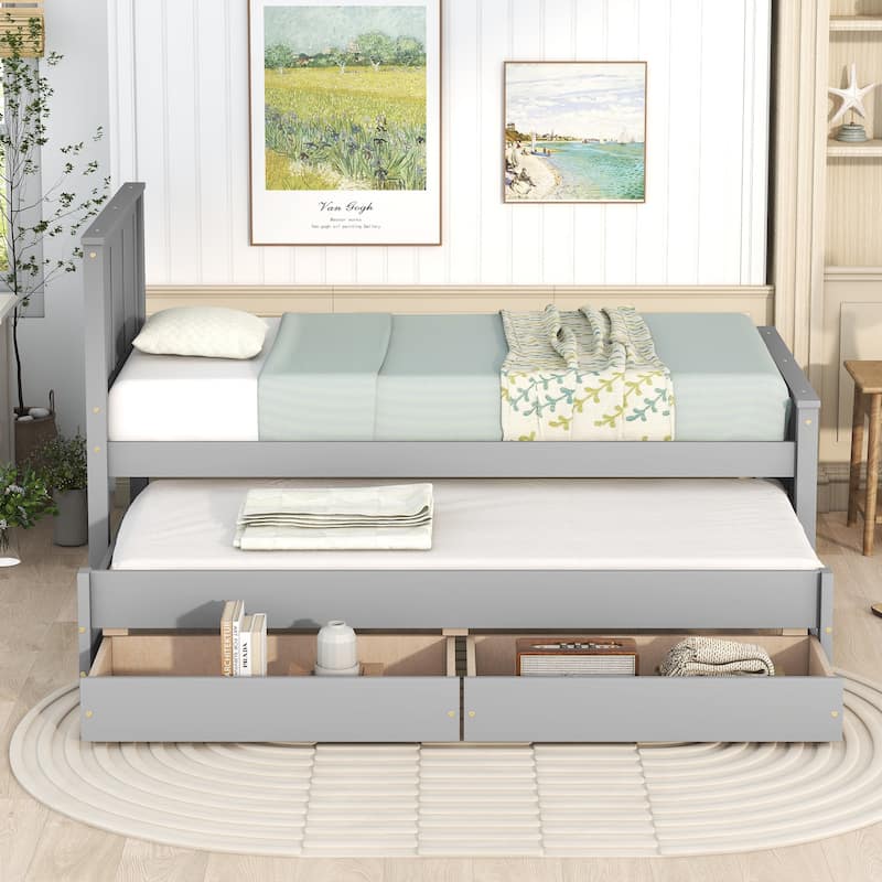 Gray Twin Size Platform Bed with Trundle and Storage Drawers