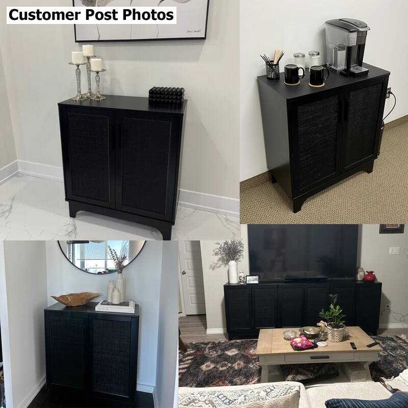 Anmytek Modern 2-Door Black Buffets Sideboards Rattan Kitchen Storage Cabinet with Adjustable Shelf - 31.5" W x 15.7" D x 35" H