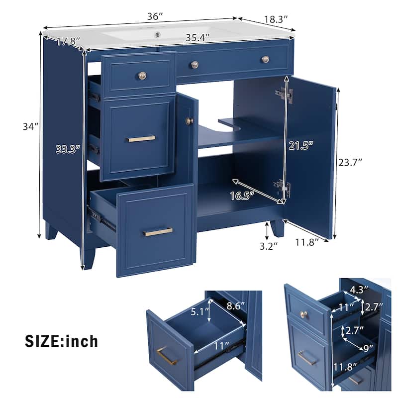 36" Bathroom Vanity with Ceramic Sink, Soft-Close Doors, Drawers, Adjustable Shelf, Modern Storage Cabinet