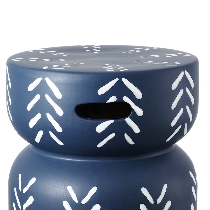 Rafi 18" Modern Bohemian Arrow Pattern Drum Indoor/Outdoor Garden Stool, Navy/White, by JONATHAN Y