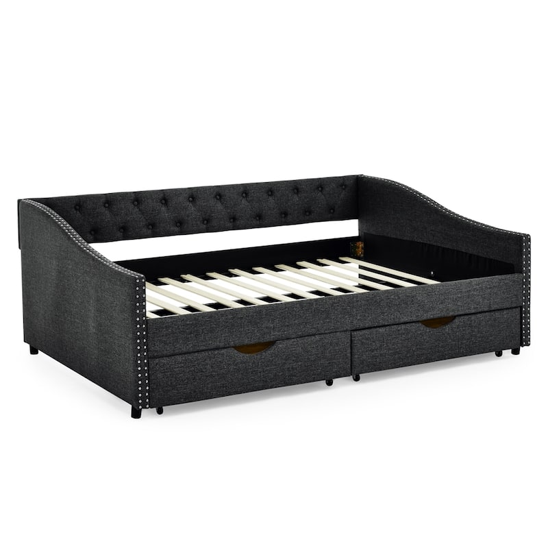 Full Size Upholstered Tufted Daybed with Drawers and Copper Nail