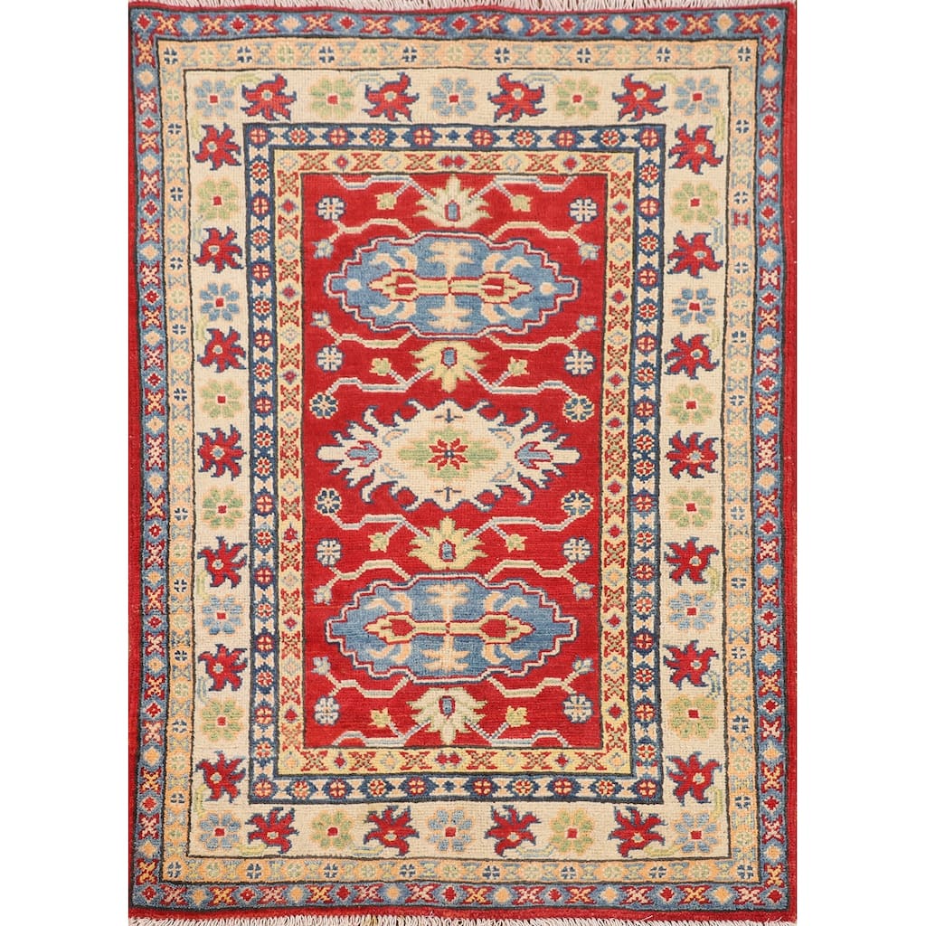 Red Geometric Kazak Oriental Accent Rug Bathroom Handmade Wool Carpet - 2'10" x 4'1"