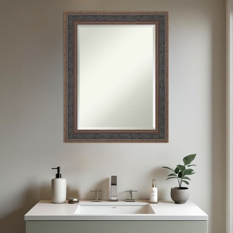 Attic Aged Beveled Wood Framed Bathroom Vanity Wall Mirror